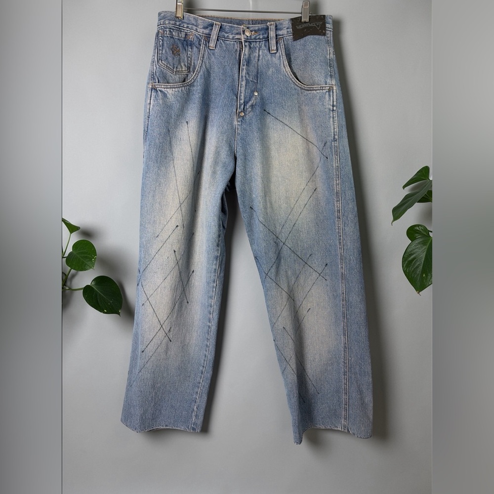 VTG Vokal Jeans Mens 34x30 Blue Embroidered  Skater Baggy Y2K 100% Cotton